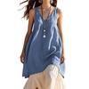 Women's Retro Minimalist Solid-Color V-Neck Casual Loose-Fit Sleeveless Long Tank Top Cotton-Linen Beach Dress