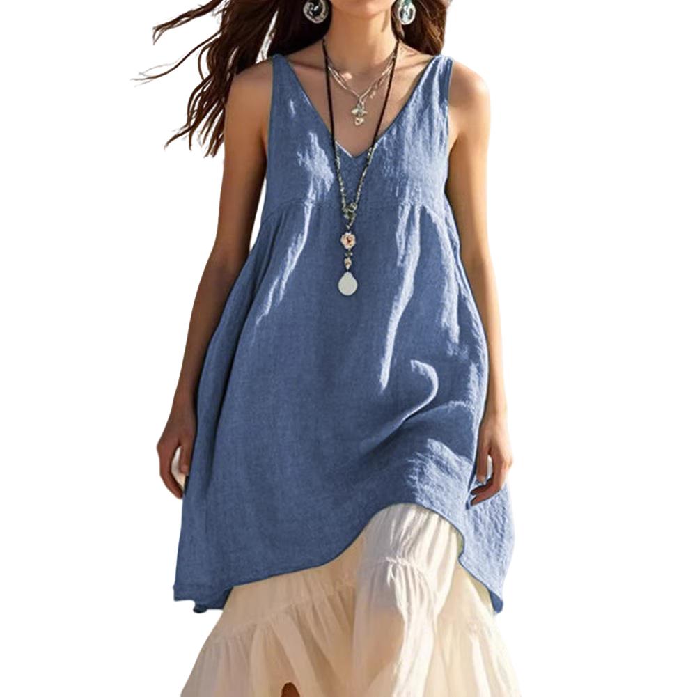 Women's Retro Minimalist Solid-Color V-Neck Casual Loose-Fit Sleeveless Long Tank Top Cotton-Linen Beach Dress
