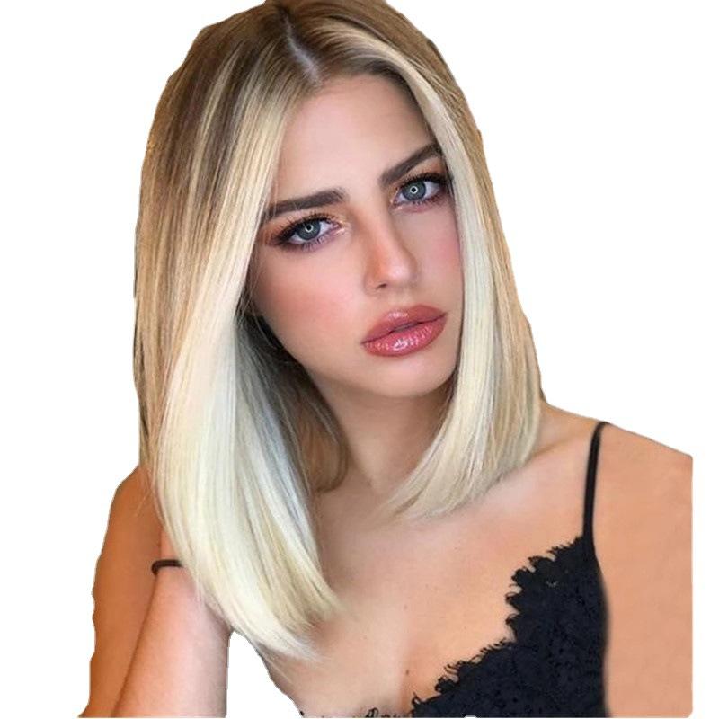 Medium Mixed Color Gradient Brown Golden Bob Haircut Wig Rose Net Headgear