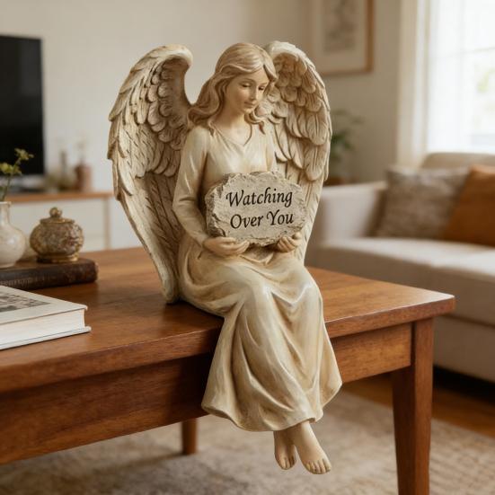 Schutzengel Regal-Sitzer Passt auf dich auf Engelsfigur Handbemalt Sitzender Engel Harzstatue Skulptur Heim- und Bürodekoration