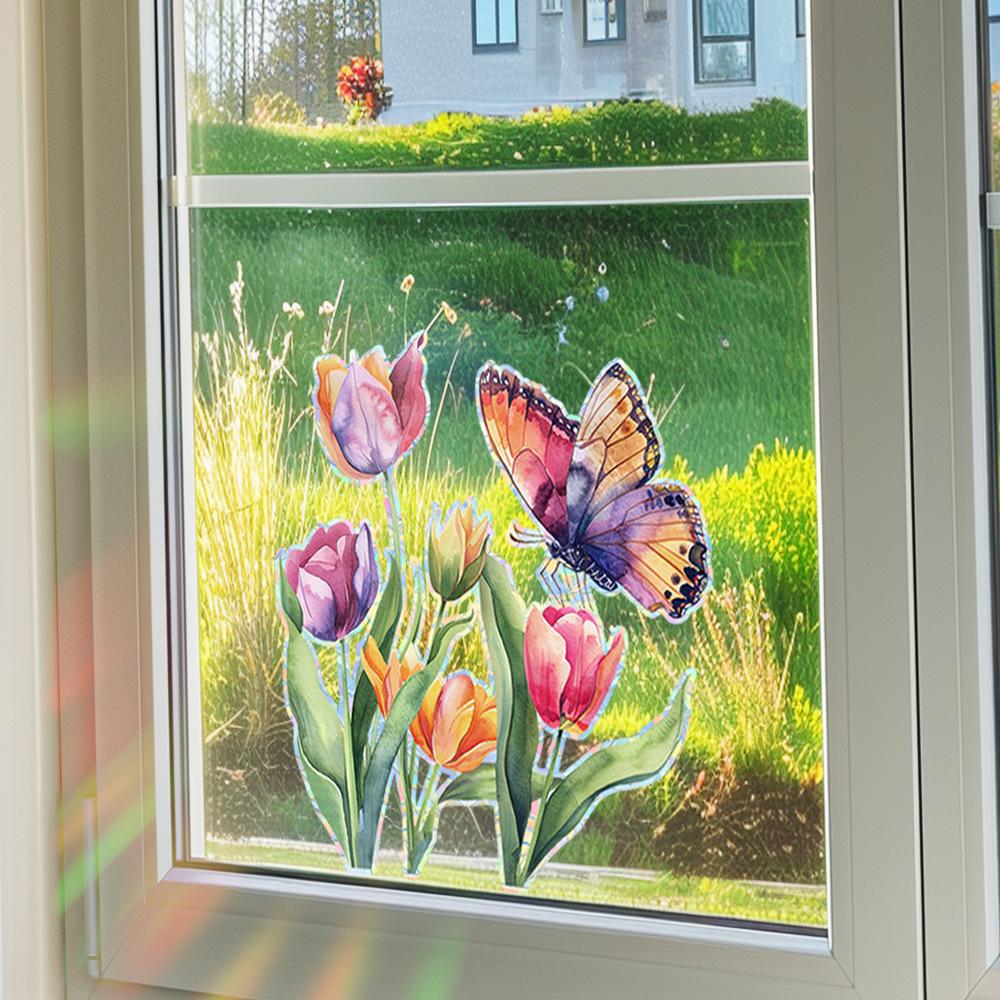 Colorful Tulip Butterfly Home Balcony Glass Door and Window Background Beautification and Decoration Window Stickers