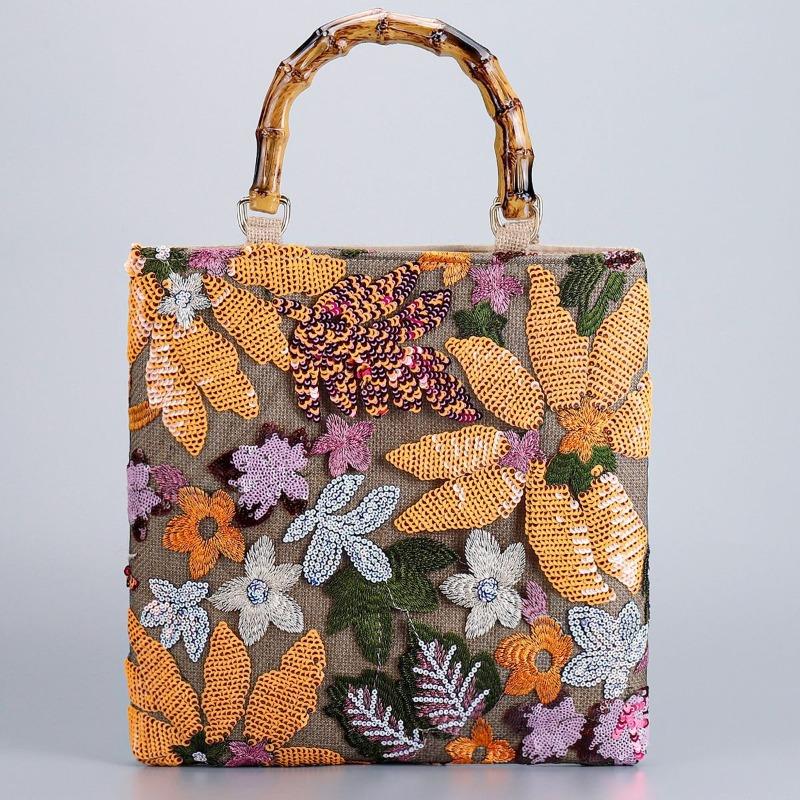 Women's Retro Tote Bag Vintage Pink Embroidery Sequin Bamboo Handle Handbag Elegant Fashion Bag Daily Commute Shopping Travel Bag