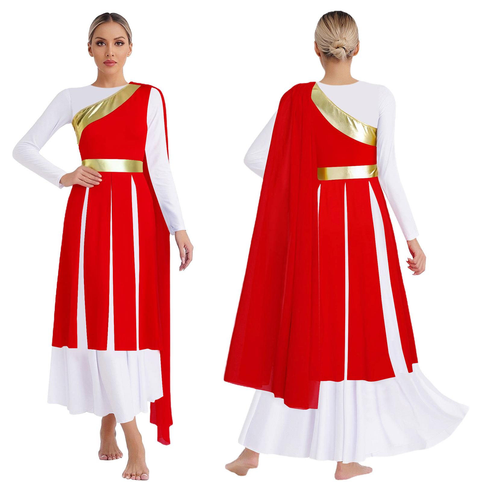 

Women’s Lyrical Worship Praise Dance Dress S-XXL One Shoulder Drape Sleeveless Metallic Shiny Patchwork Slit Hem Tunic Costume S красный