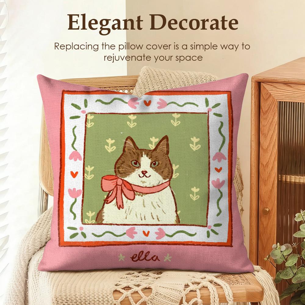 Cute Caroon Cat Portrait Cushion Cover Natural Linen Organic Fabric DoubleSided Printing Sofa Home Decor Gift Pillow Case