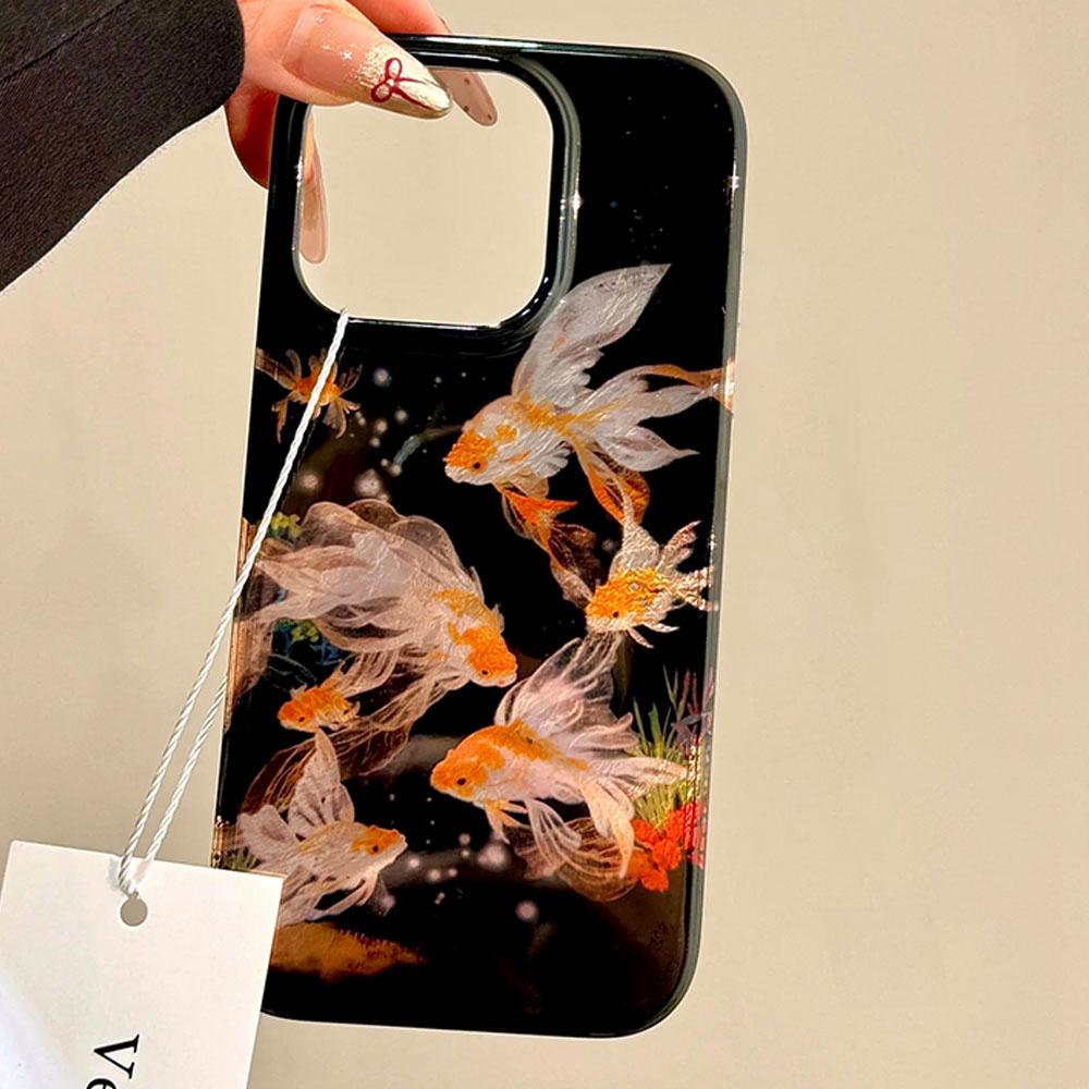 Für Samsung Galaxy S25 Edge S24 S23 S22 S21 S20 FE Plus 5G Ultra Koi Goldfisch Funkeln Schwarz Glänzend Damen Mädchen Bumper Handyhülle