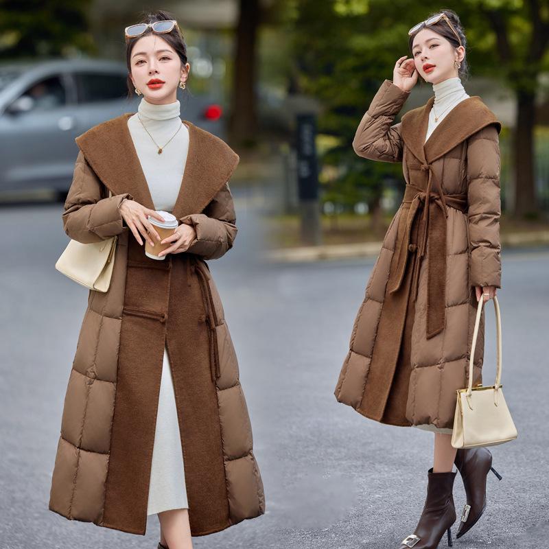 Extra Long Over-the-Knee Down and Wool Coat with Belt and Large Lapel for Autumn & Winter YJ1393