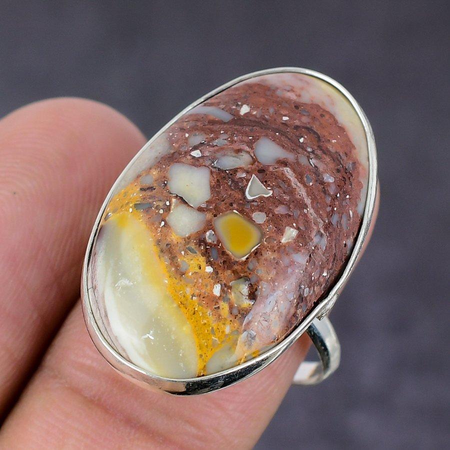 Silver Leaf Jasper Gemstone Handmade 925 Sterling Silver Ring Size 9 N8J52