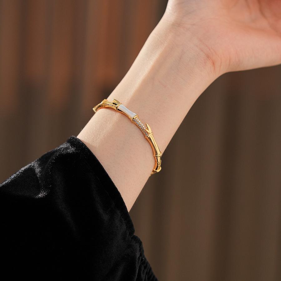 Real Gold Electroplated Zircon Mother of Pearl Bamboo Knot New Chinese Retro Versatile High-end Niche Bracelet