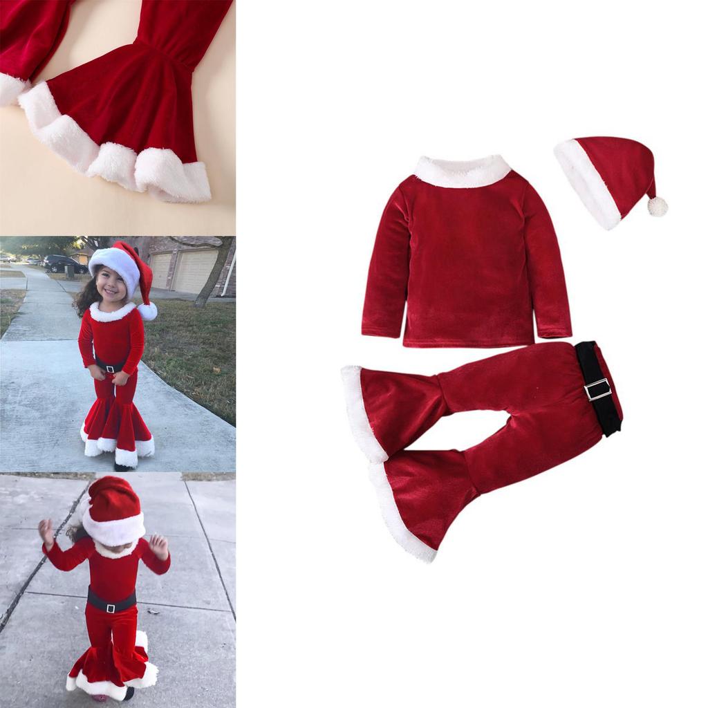Festive Christmas Kids Girls Plush Flared Pants Suit With Santa Hat Tree Hat