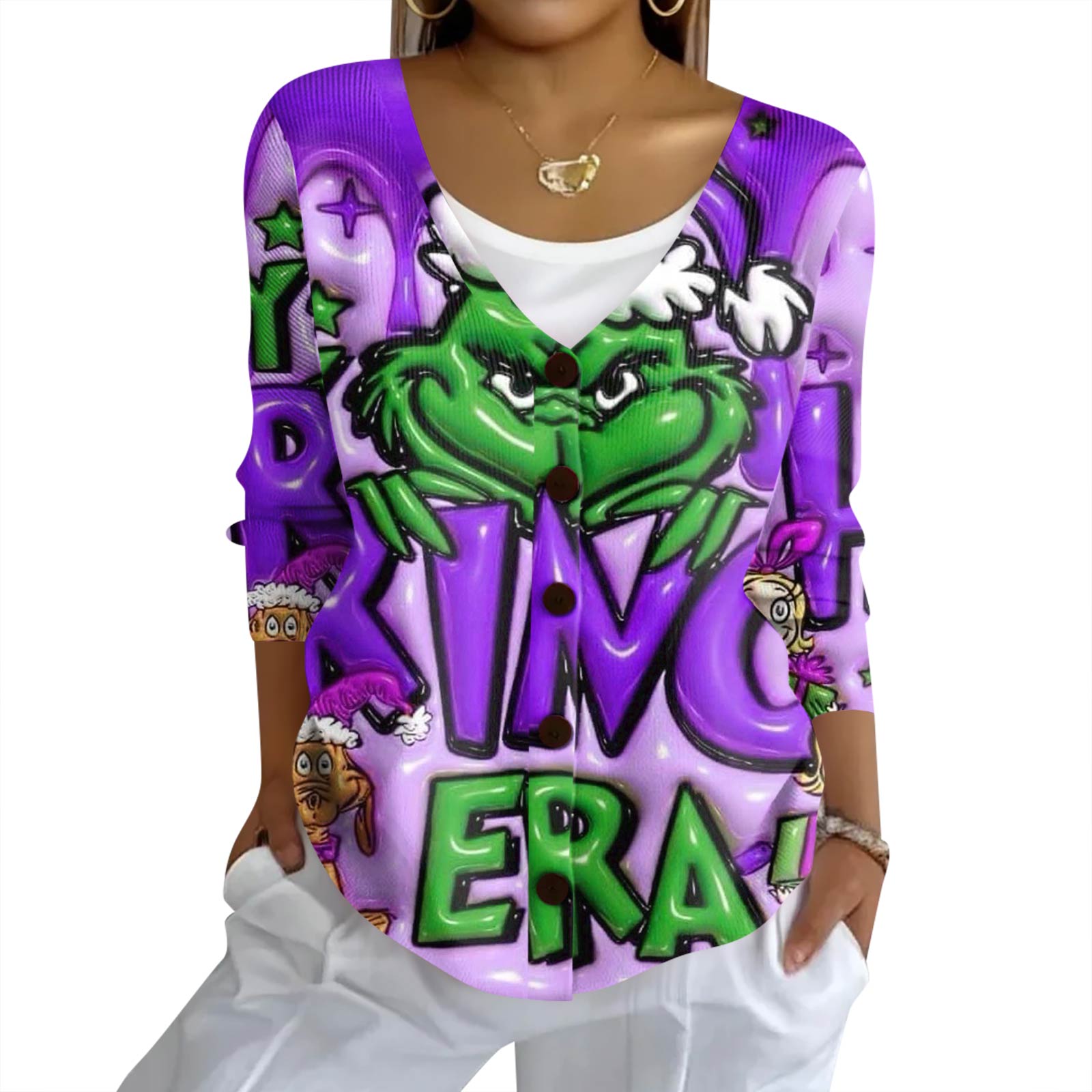 

Женский модный повседневный вязаный свитер на пуговицах, кардиган-жакет с рождественским принтом L фиолетовый