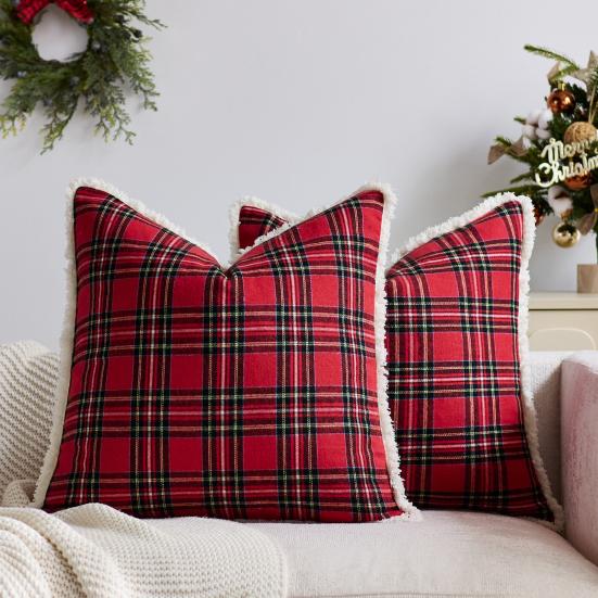 Christmas Plaid Throw Pillow Covers 18x18 Inch Vintage Farmhouse Winter Square Cushion Case for Living Room Couch Sofa Bed