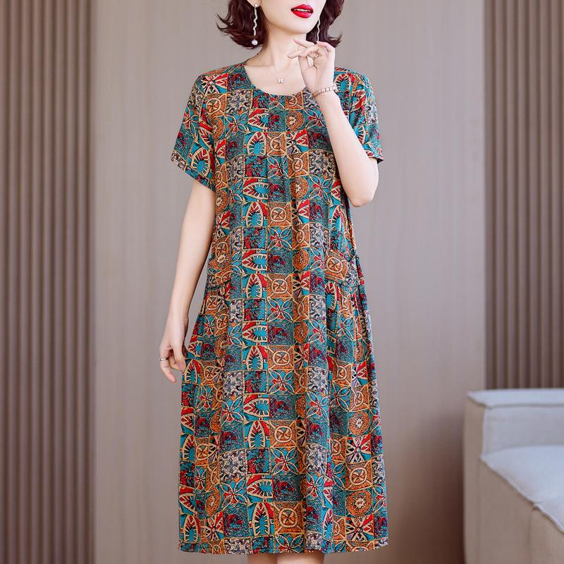 Plus Size Summer Woman Dress Vintage Short Sleeve Print Female Loose Casual Floral Dresses