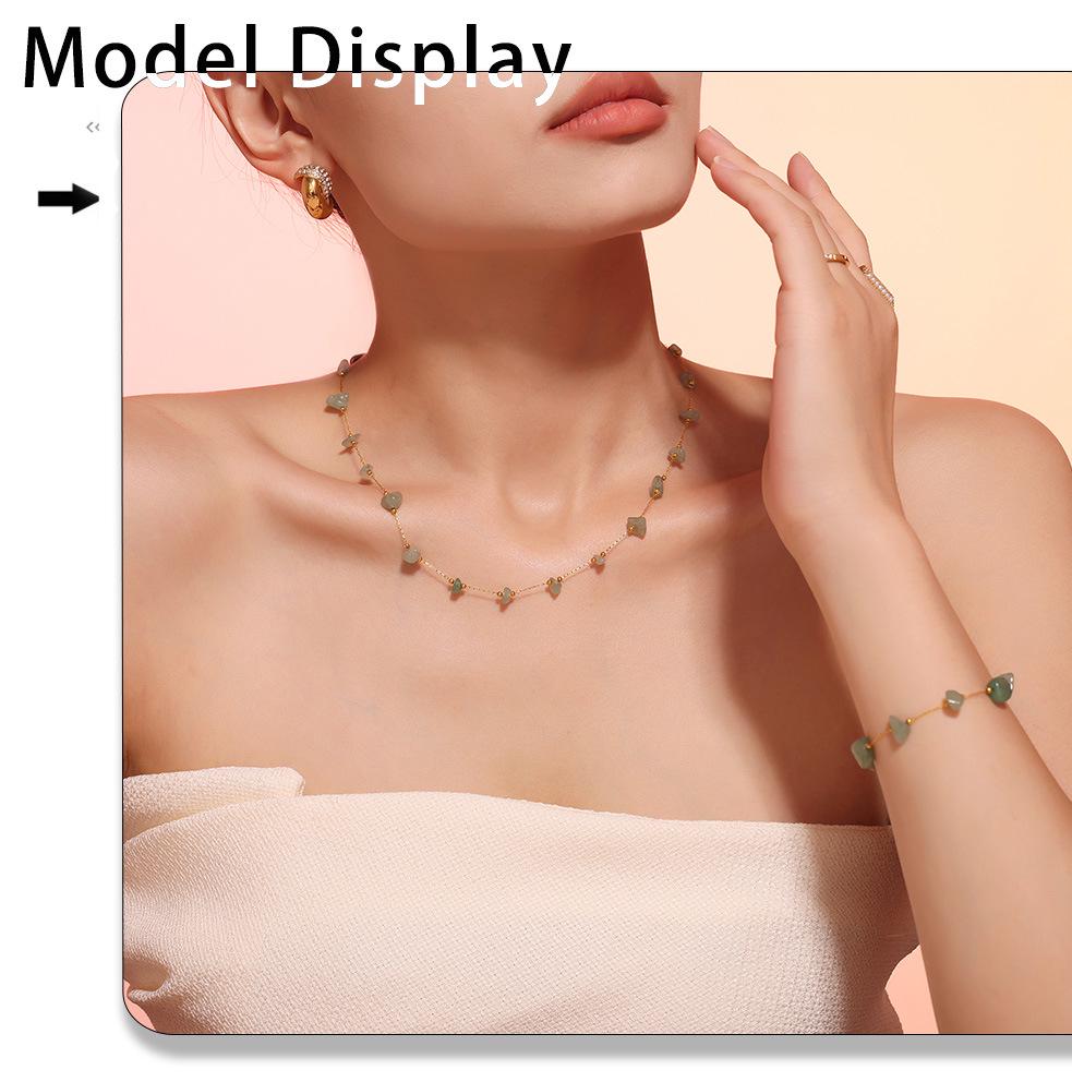 Natural Green Stone & Stainless Steel Collarbone Necklace and Bracelet Set