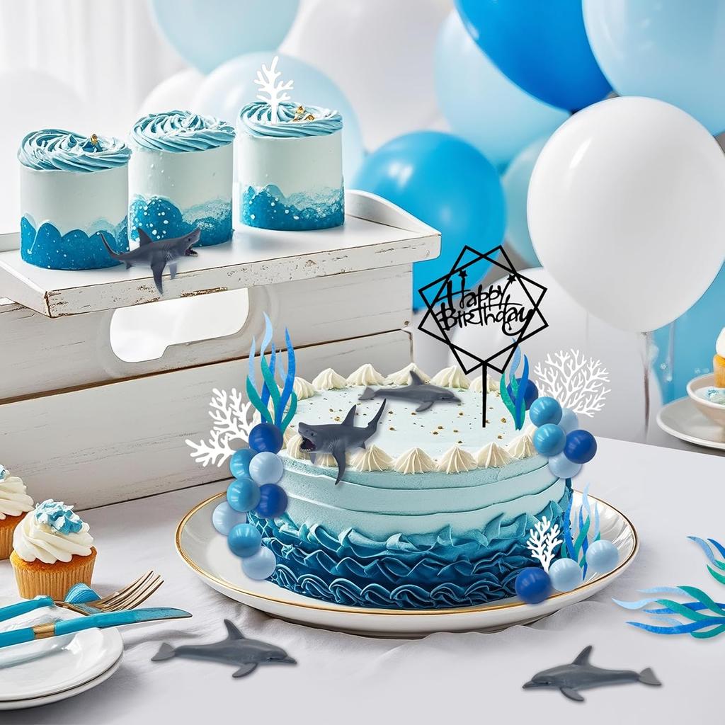 Ocean Cake Decorations Shark Cake Topper Shark Figurines Decoration Ocean Theme Blue Ball Cake Decor Sea Cupcake Topper