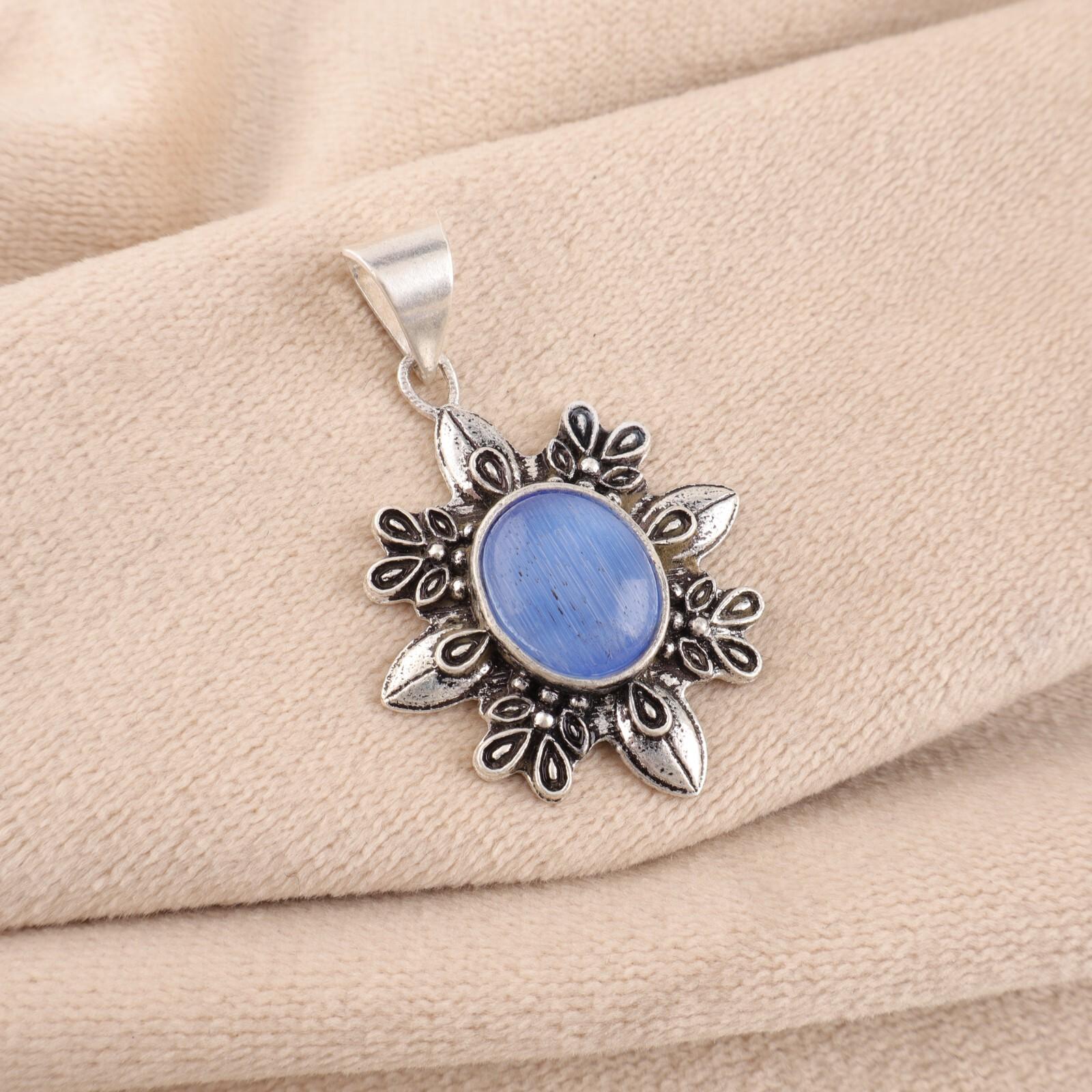 

Natura Dark Blue Cat s Eye Gemstone 925 Sterling Silver Handmade Pendant 1.62 CP-12-42