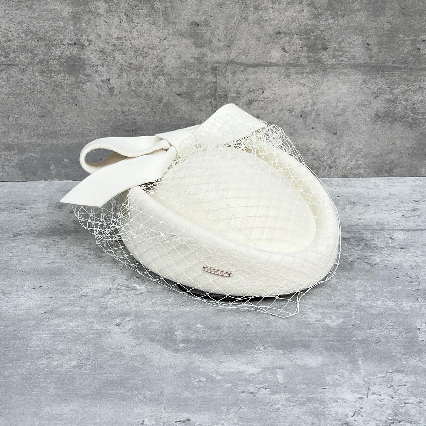 Французский Элегантный Британский Ретро Сетчатый Берет Шерстяной Цилиндр Свадебный Банкет Белый Свадебный Головной Убор