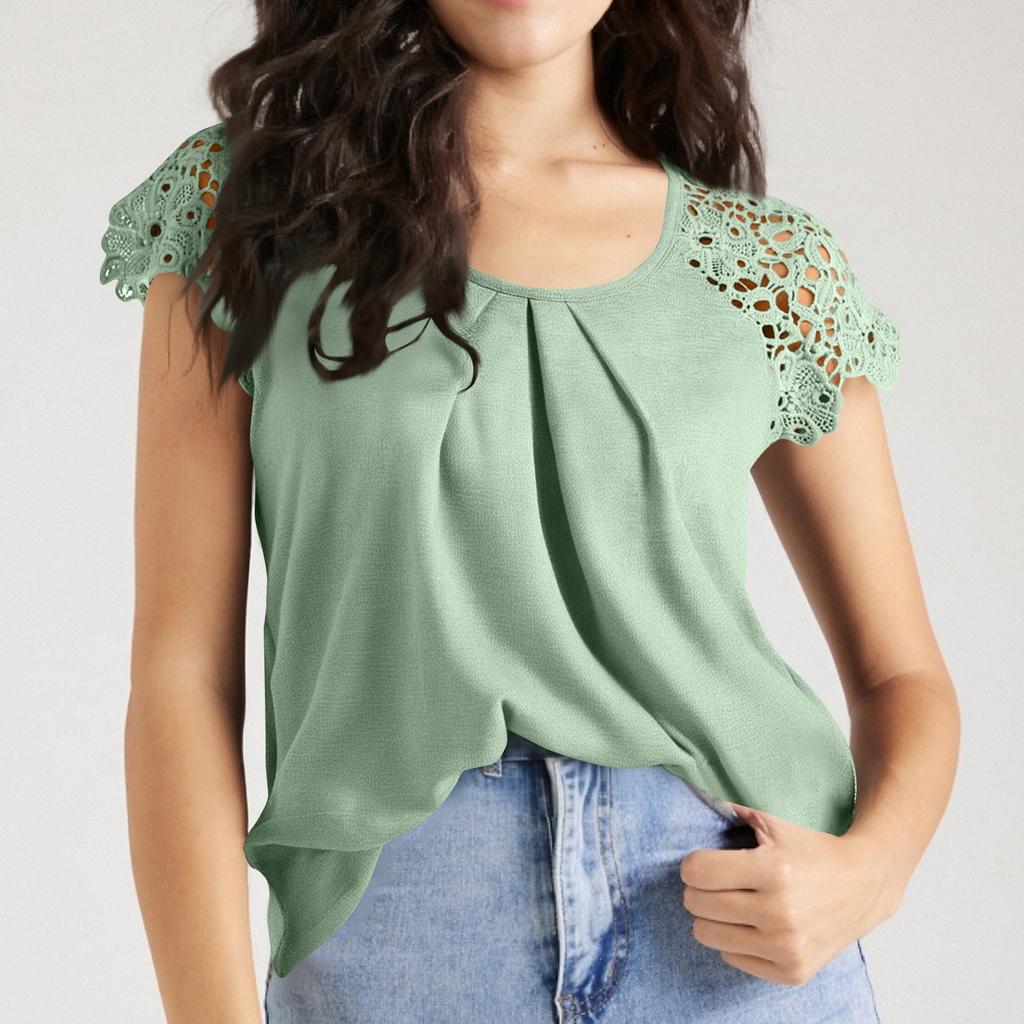 Women's Fashionable Casual Lace Sleeve Hollow Short Sleeved Round Neck T-Shirt Top