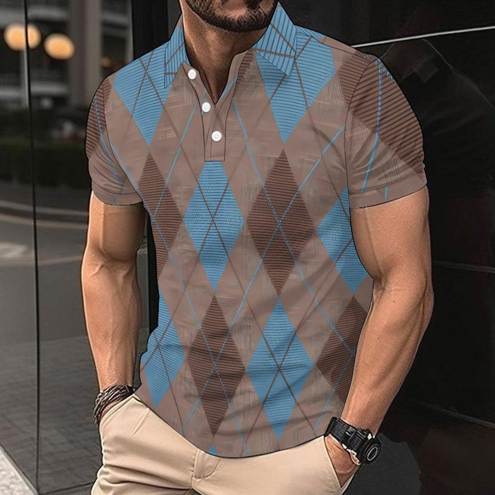 

Summer Lapel 3D Check Print Top Fashionable Casual Short Sleeved Men s Polo Shirts 6XL