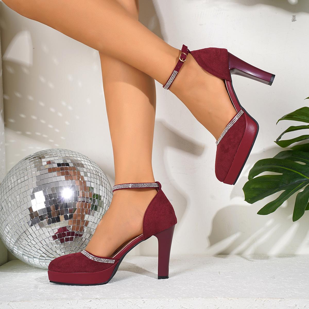 

2025 sexy high heels women s waterproof table pointed thick heel one-word buckle hollow solid color versatile professional single shoes 43 бордовый