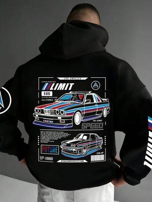 Manfinity Dauomo Plus Size Men's Casual Car Logo Print Fleece Hoodie, Autumn & Winter