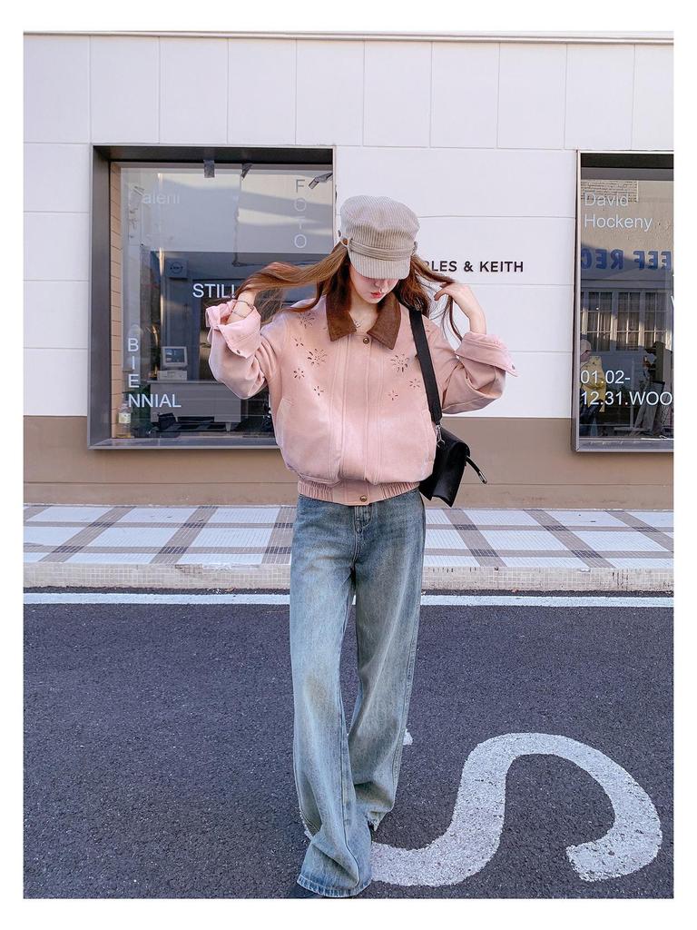 Korean-Style Pink Suede Short Jacket for Women - 2025 Autumn, Hollow Design, Age-Defying, Petite Fit, Fashion-Forward.