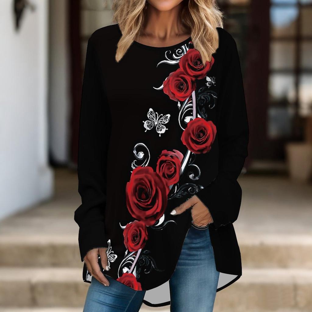 Women Long Sleeve Tunic Top Print Crew Neck Loose Fit Blouse With Pockets Casual Daily Wear Ladies Tops