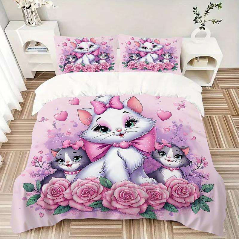 3pcs Marie Cat Print Cover Set Ultra Soft, Breathable, and Comfortable Bedding with Stylish Design for Bedroom and Guest Room Decor 1 Cover and 2