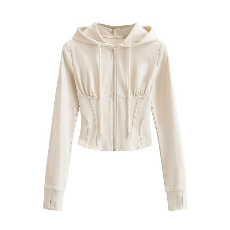 Womens Fitted Hooded Zip-Up Sweatshirt With Ribbed Detail Warm Winter Sportswear