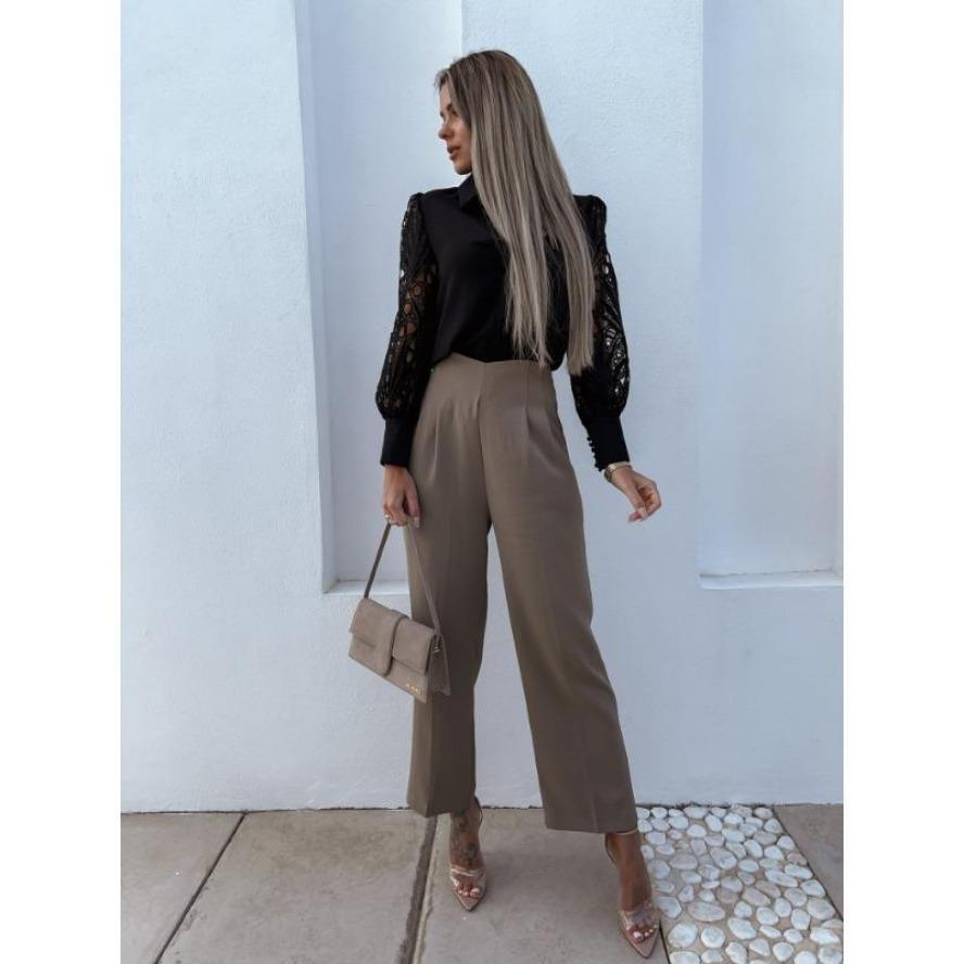 YYFS Moda feminina casual primavera outono cor sólida estampa manga comprida gola polo blusas e camisas