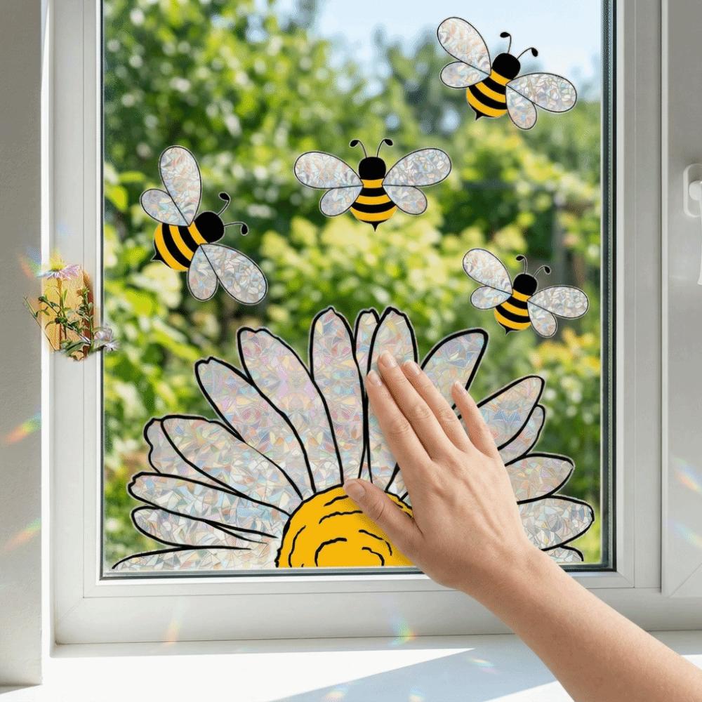 Removable Bee Glass Sticker Waterproof Sunflower Wall Decals Art Bee Window Stickers  Living Room