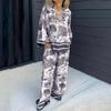 Damlångbyxor för kvinnor Fashionista V-ringad Tryckt Långärmad Ficka Casual Dam Casual Kostym