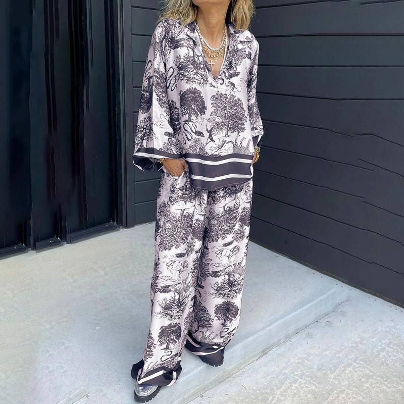 Damlångbyxor för kvinnor Fashionista V-ringad Tryckt Långärmad Ficka Casual Dam Casual Kostym