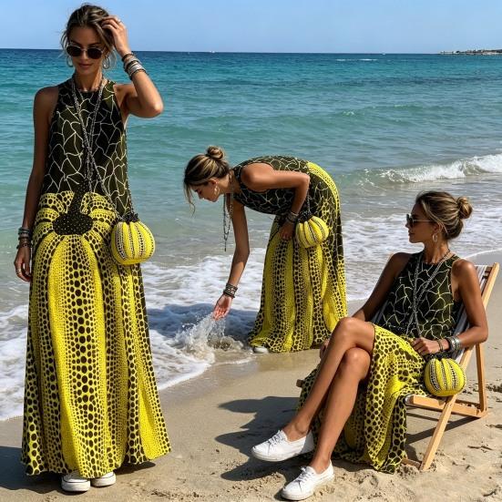Vestido Maxi de Verano para Mujer, Vestido Largo Estampado sin Mangas de Cuello Redondo, Atuendos Casuales Fluidos para Vacaciones con Bolsillos