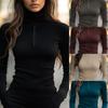 Ribbed Mock Neck Long Sleeve Top with Zipper Detail
