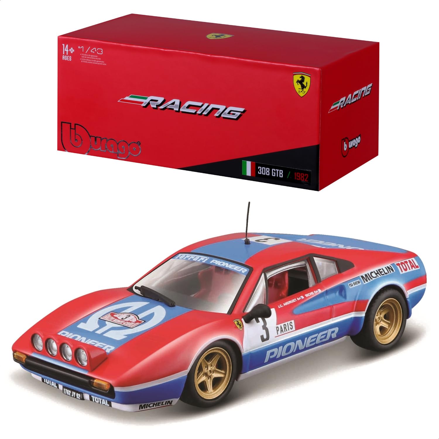 

Bburago 1/43 Scale Ferrari 308 GTB 1982 #3 Red/Blue / Race Sports Car Diecast Model Car 18-36304