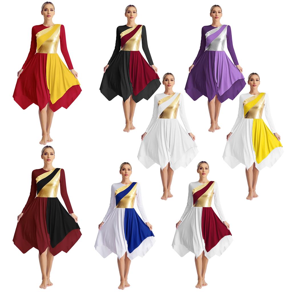 Womens Liturgical Lyrical Dance Dress Long Sleeve Metallic Contrast Color Asymmetrical Design Worship Performance Dancewear