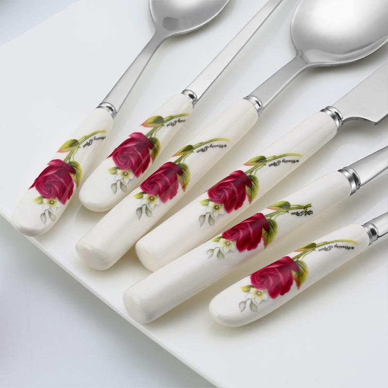 Ceramic Handle Tableware Set Stainless Steel Cutlery Set Steak Knife Fork Coffee Spoon Dessert Dinnerware Rose Flowers Pattern