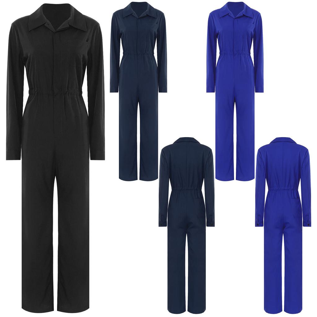 Damen Lässiger Jumpsuit Overall Einfarbig Langarm Umlegekragen Knopfleiste Pattentaschen Romper Mode Arbeit Reise Urlaub Homewear