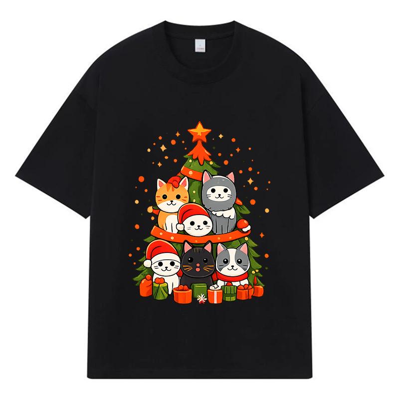 2026 Christmas Tree with Cats Printed Graphic Y2k Harajuku Streetwear 100% Cotton T Shirt Casual Oversized Summer Men T-shirt
