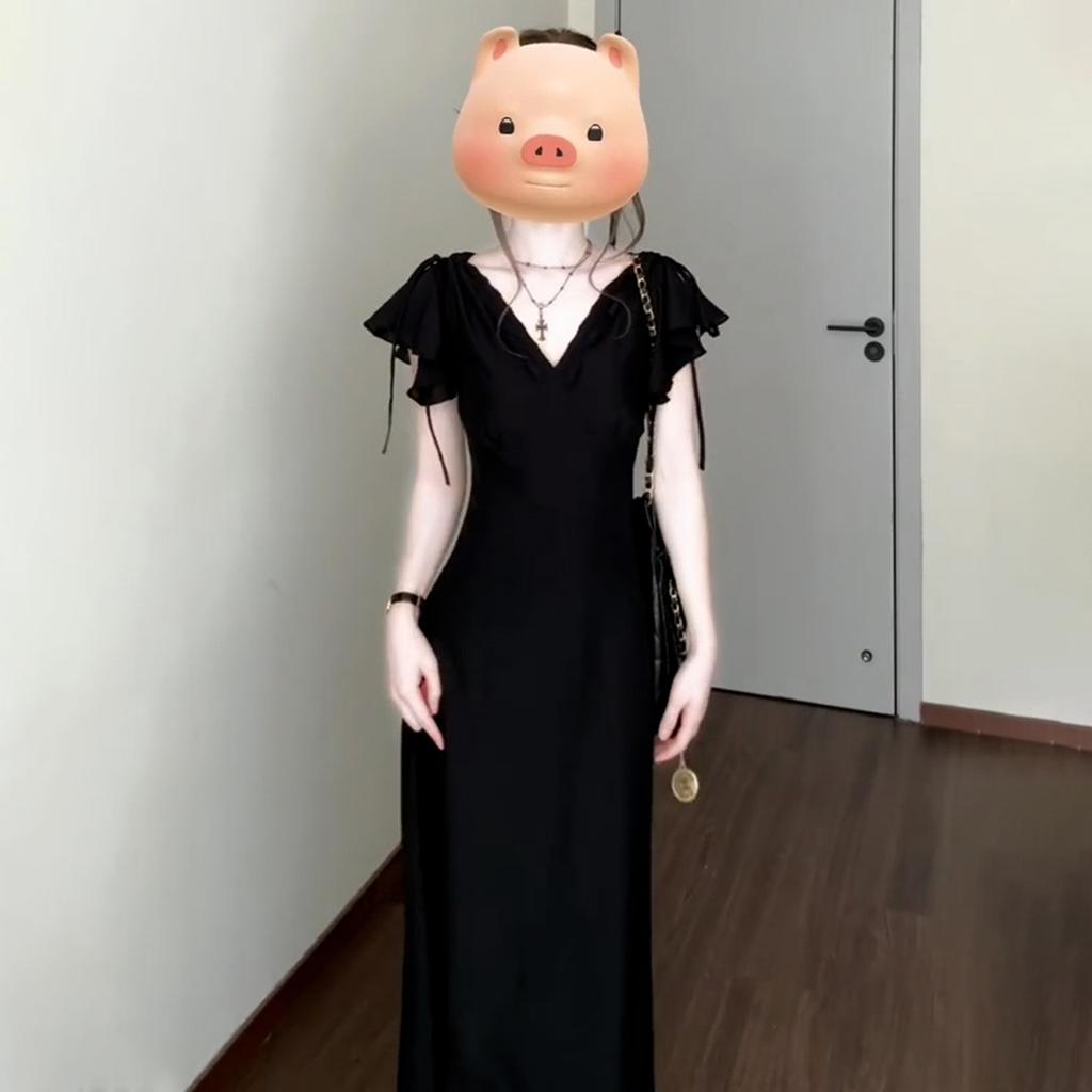 Hepburn Style French Black Small Flying Sleeve V-neck Dress Children's Summer New Popular High-end Dress