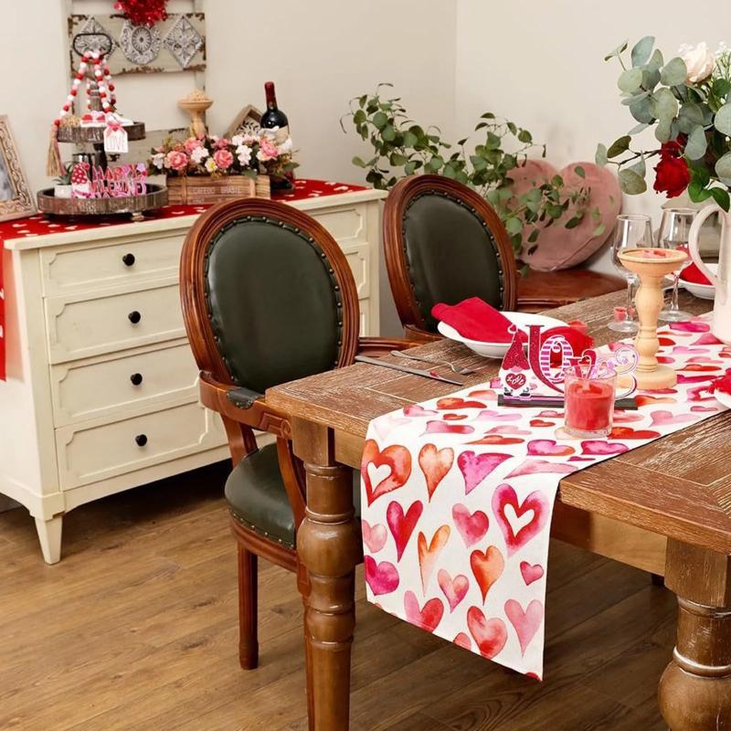 1pc Valentine's Day Love Heart Linen Table Runner Reusable Kitchen Dining Dresser Scarf Party Home Decor Table Cloth