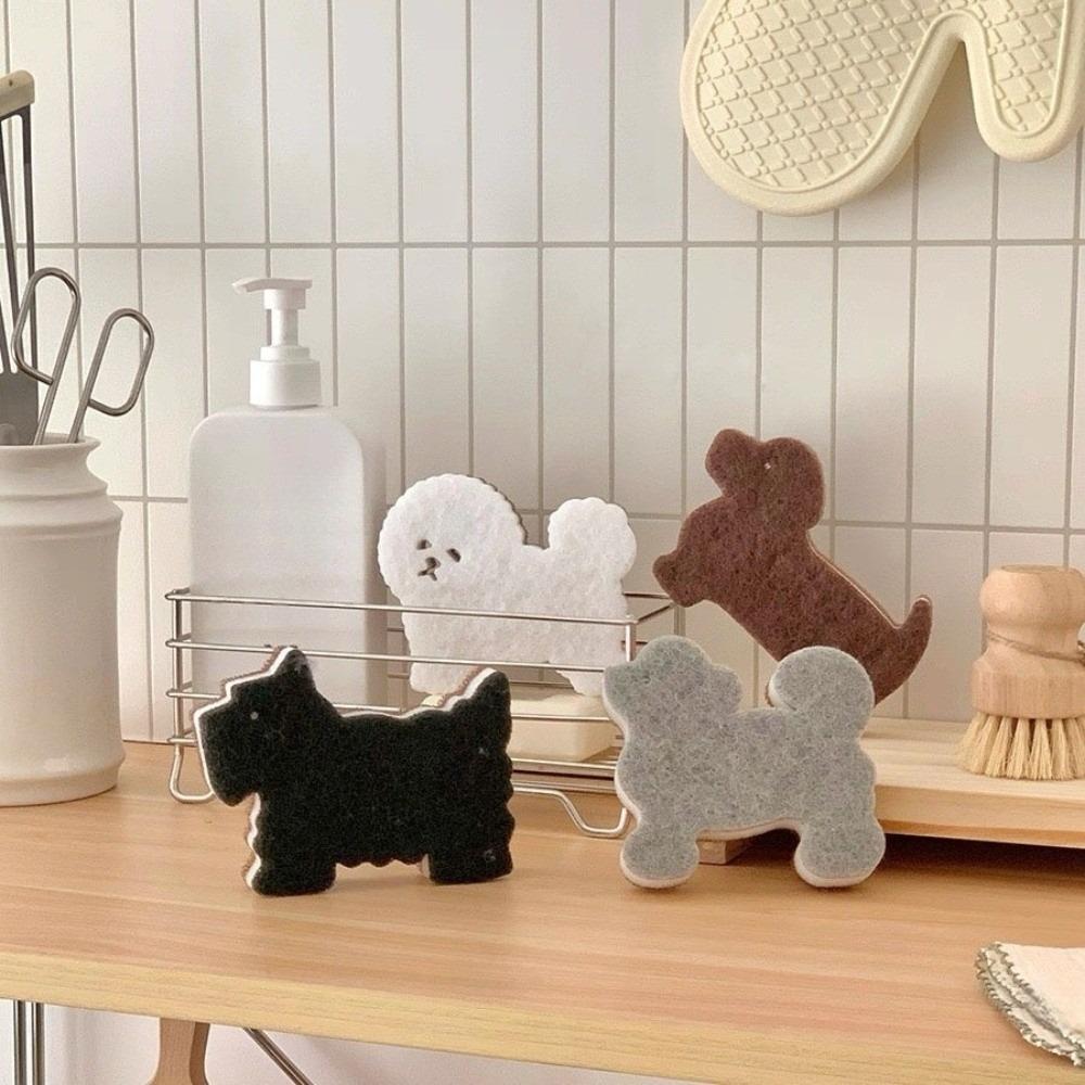 

4pcs Non-Scratch Dog Shape Sponge Scrubber 3-Layer Puppy Sponge Rub Household 4pcs