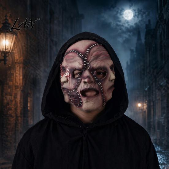 Realistic Damaged Seam Mask Halloween 3 Face Horror Mask, Latex Triple Head Cosplay Prop for Elastic Haunted House, Breathable Scary Stitched
