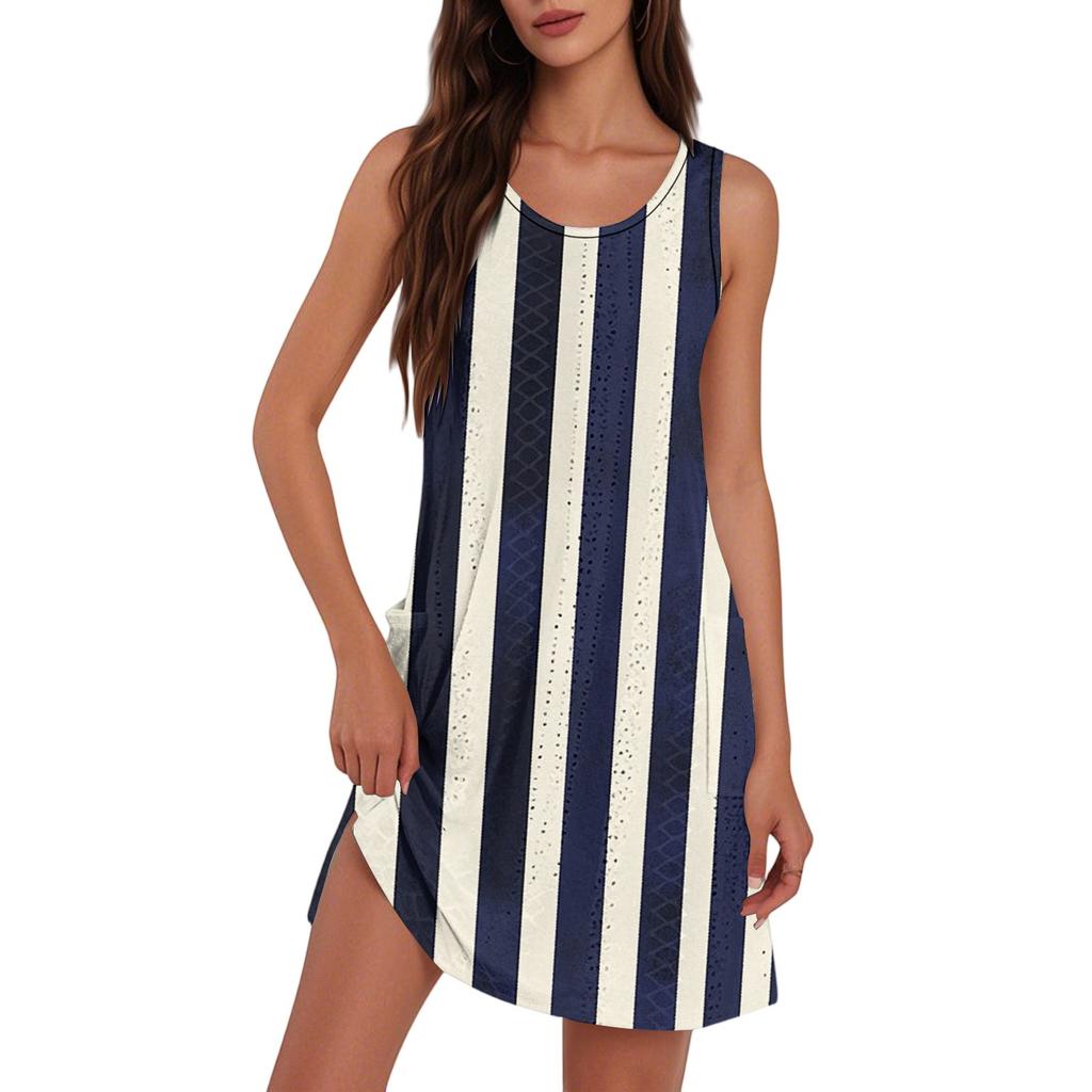 Women's Fashion Casual V-Neck Sleeveless Striped Print Dress