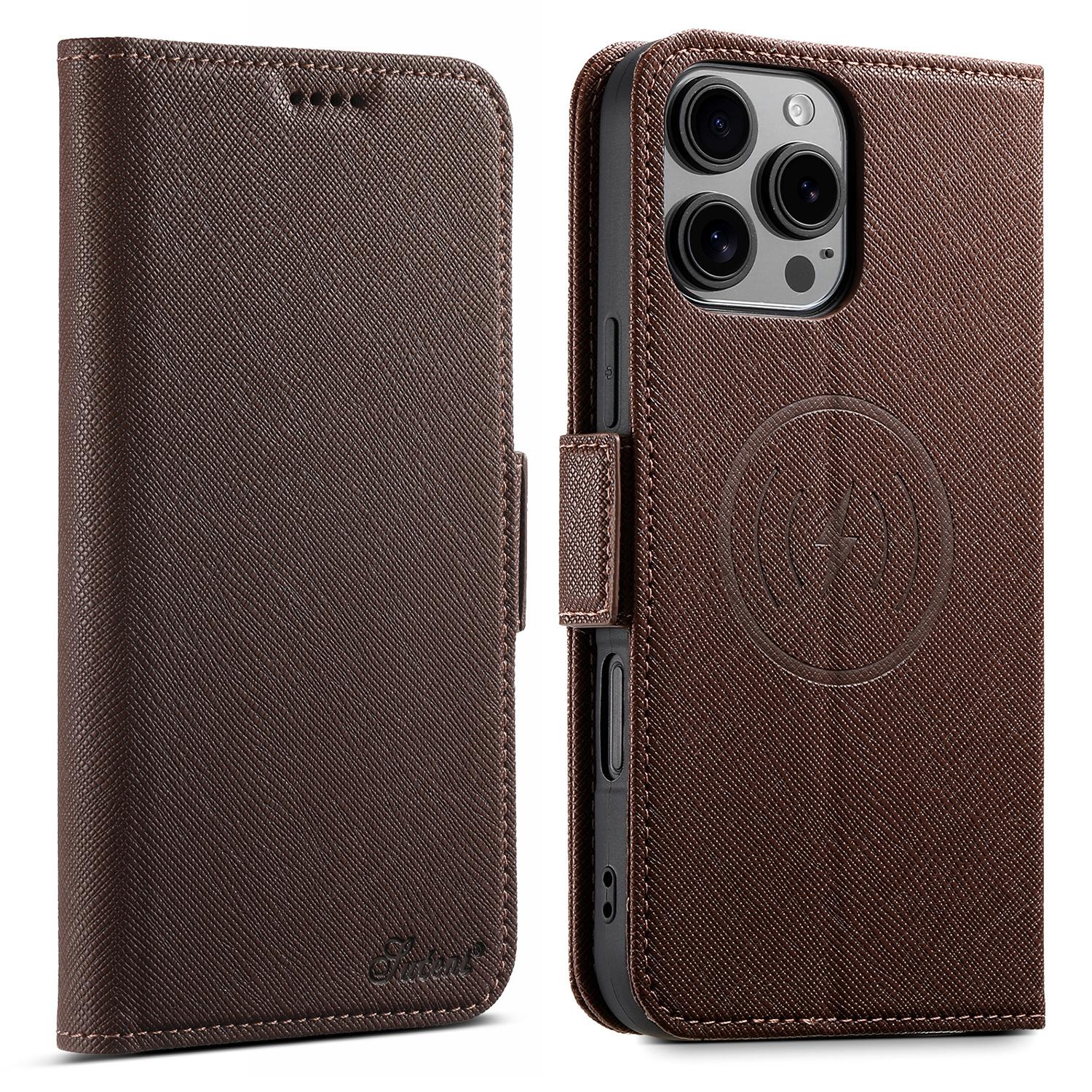 

SUTENI J08 For iPhone 16 Pro Max Case Compatible with MagSafe Cross Texture Leather Wallet Phone Cover Brown