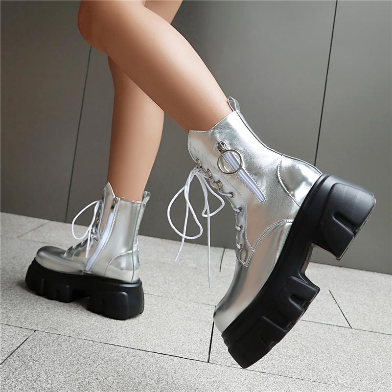 FOREADA Women Ankle Boots Round Toe Thick High Heels Platform Zipper Lace-up Short Boots Ladies Fashion Shoes Autumn Winter 44