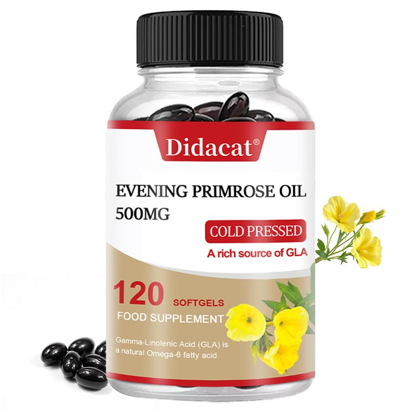 Didacat Evening Primrose Oil 500mg Softgels, Cold Pressed with GLA & Natural Vitamin E, 120 Softgels Food Supplement