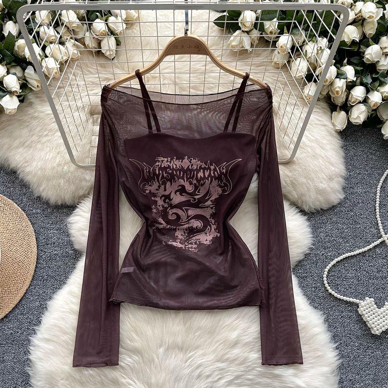 Stylish Bandage Dress Two-piece Set Women's Fashion off-the-Shoulder Long Sleeves Thin Print Mesh T-shirt + Bottoming Shirt Camisole