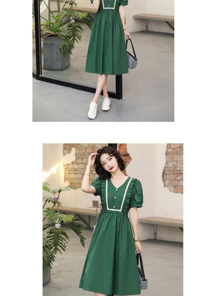 Forest-Style Puff Sleeve A-Line Dress: Summer French Waist-Cinching Mid-Length Skirt with Contrasting Colors