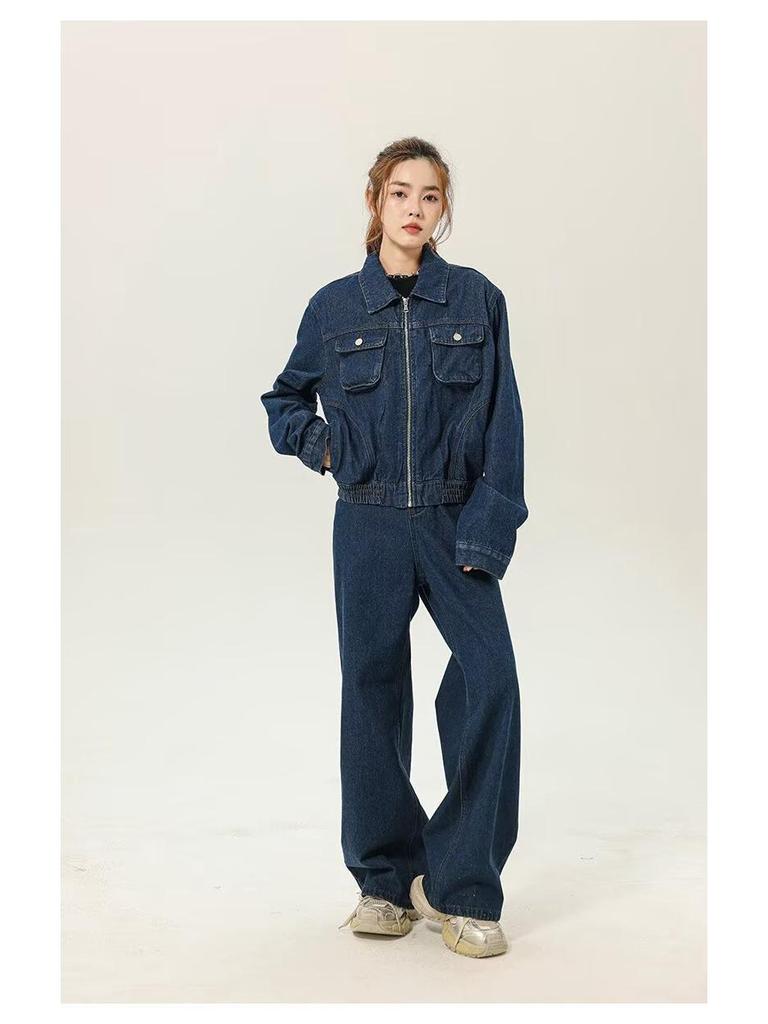 Patchwork Embroidery Denim Jacket and Wide-Leg Pants Set for Men & Women - Autumn Fashion, Retro College Style